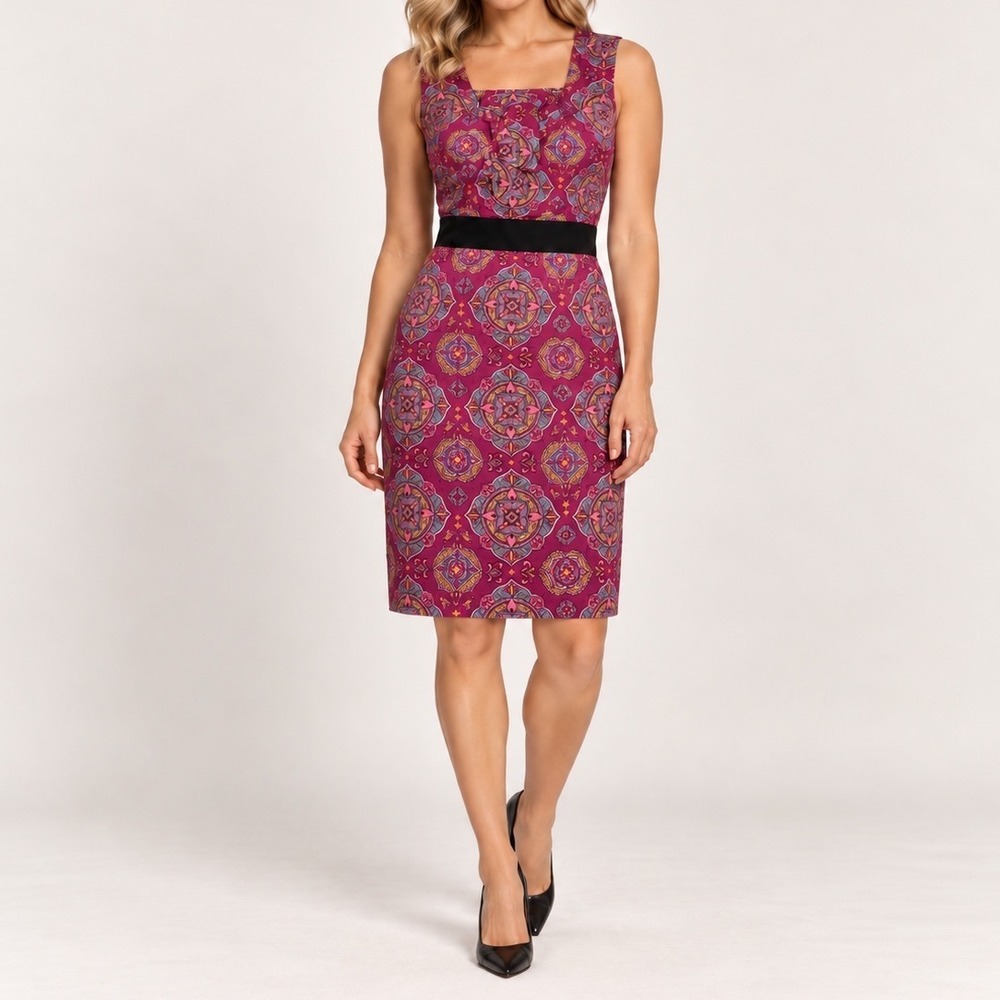 See By Chloe Magenta Medallian Print Silk Sheath Dress Velvet Waistband Size 4